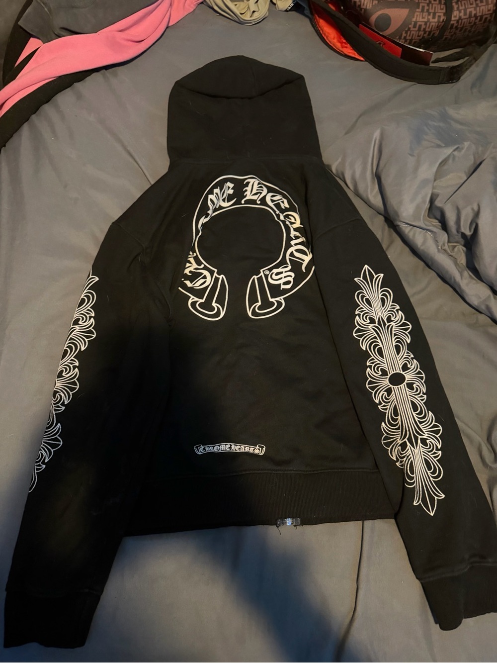 Chrome Hearts Black Hoodie with White Gothic Cross Graphics